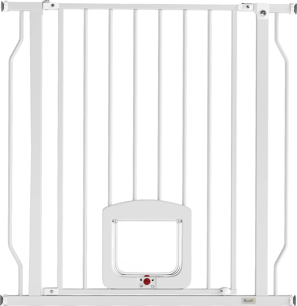 PawHut Bramka zabezpieczająca drzwiowa z drzwiczką dla kota, bez wiercenia, 75-85 cm ze stali dla psów, schody, drzwi, Weiß | Aosom PL