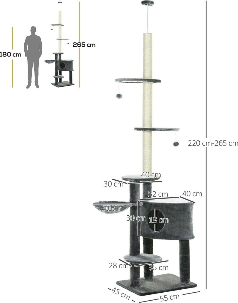 PawHut drapak drzewko do wspinania dla kota słupki sizalowe ciemnoszary 55x45x220-265 cm | Aosom PL