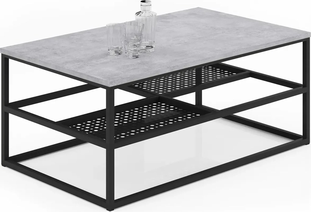 Prostokątna ława z półkami beton + czarny P4-M92
