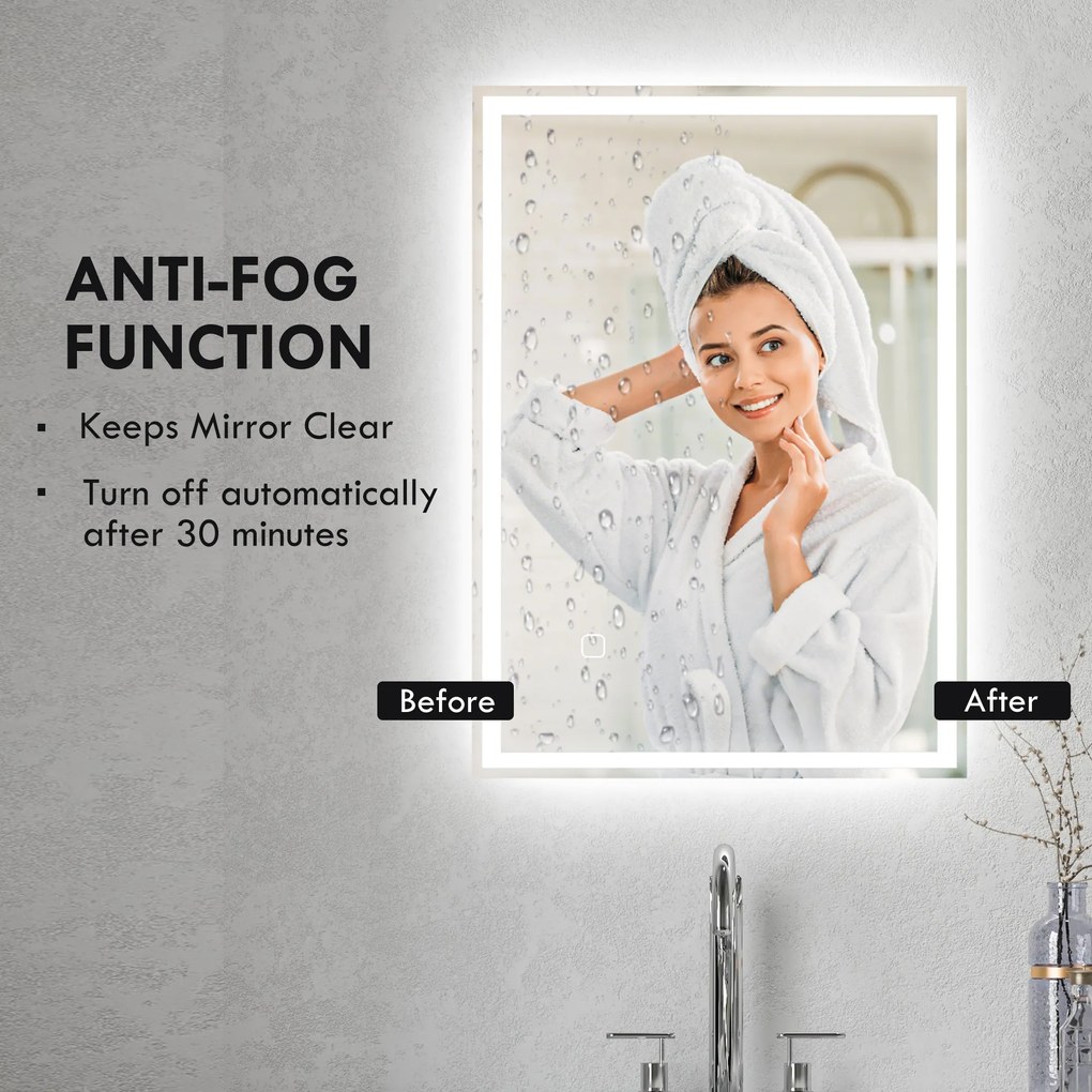 HOMCOM Oświetlenie Łazienkowe LED z Lustrem 80x60cm Bezmgłowe z Przełącznikiem Dotykowym IP44 | Aosom PL