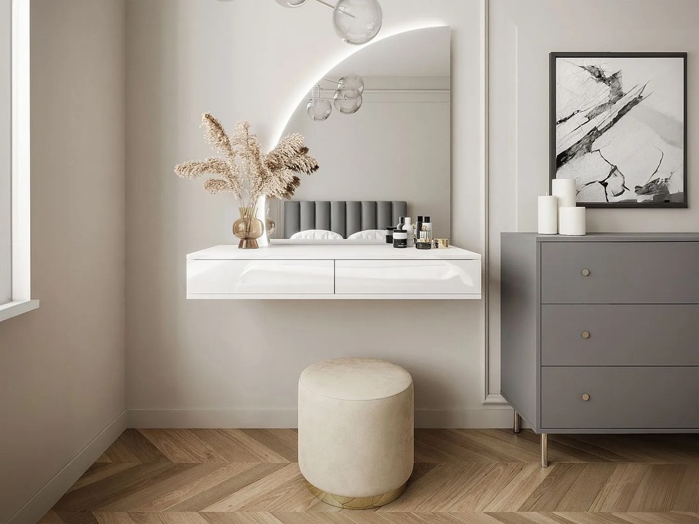 Toaletka wisząca z lustrem i oświetleniem LED - 2 szuflady - Biały z połyskiem - JINEZA