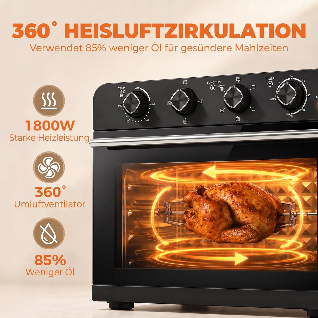 HOMCOM Piekarnik-frytkownica z termoobiegiem i zestawem rożna, regulator temperatury, minutnik, 1800 W | Aosom PL