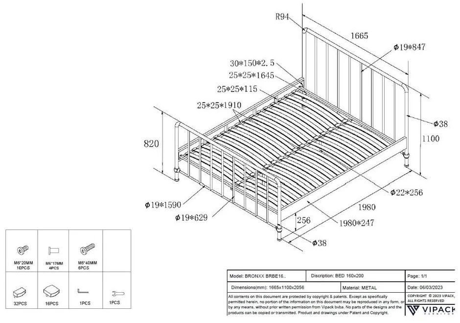 Białe metalowe łóżko dwuosobowe ze stelażem 160x200 cm BRONXX – Vipack