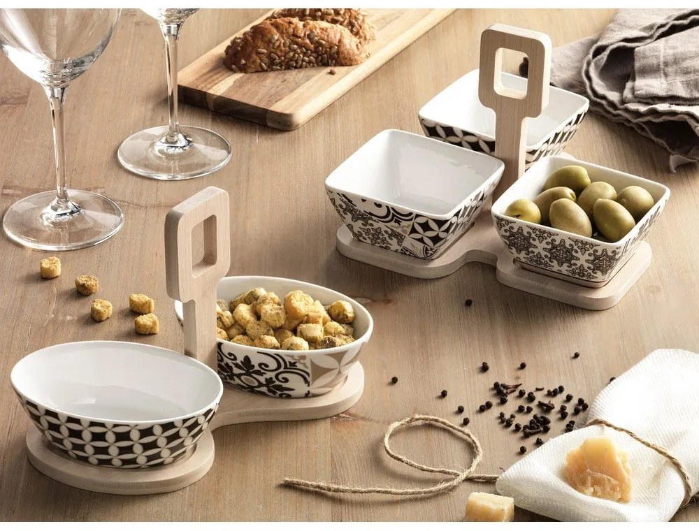 Komplet 3 porcelanowych misek i bambusowej podkładki Brandani Alhambra