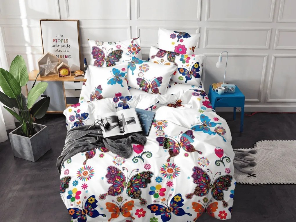 PrzytulneMieszkanie.pl PrzytulneMieszkanie.pl Pościel z mikrofibry KOLOROWY MOTYL biała Rozmiar pościeli: 2 szt 70 x 90 cm | 200 x 220 cm