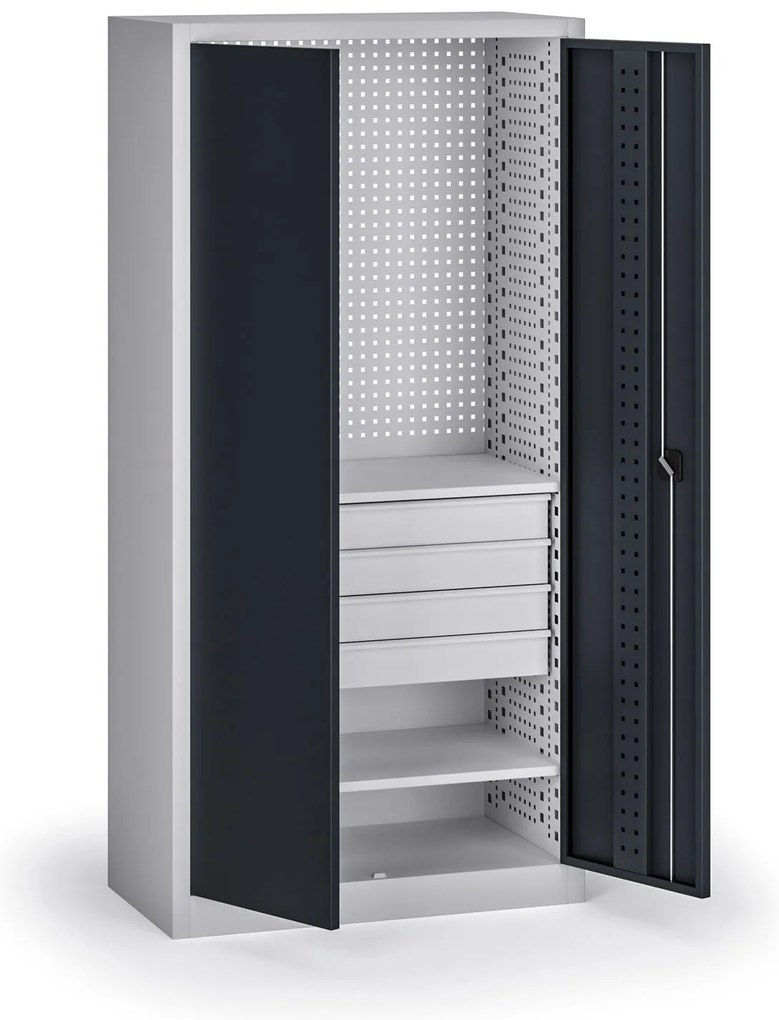 Szafa warsztatowa, 2 półki + 4 szuflady, 1950 × 950 × 500 mm, grafitowe drzwi