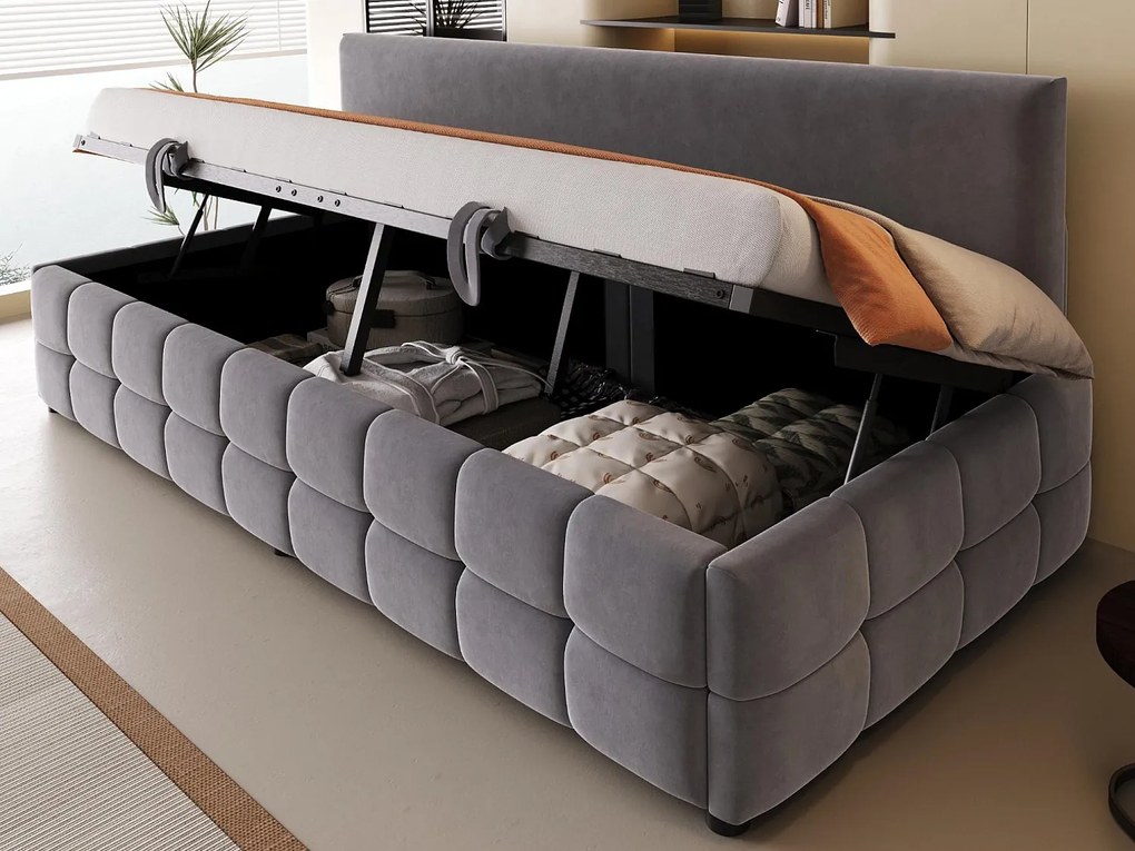 Kanapa z funkcją spania z pojemnikiem 90x200 cm - Oparcie bez podłokietników - Welur - Ciemnoszary (materac nie jest dołączony)