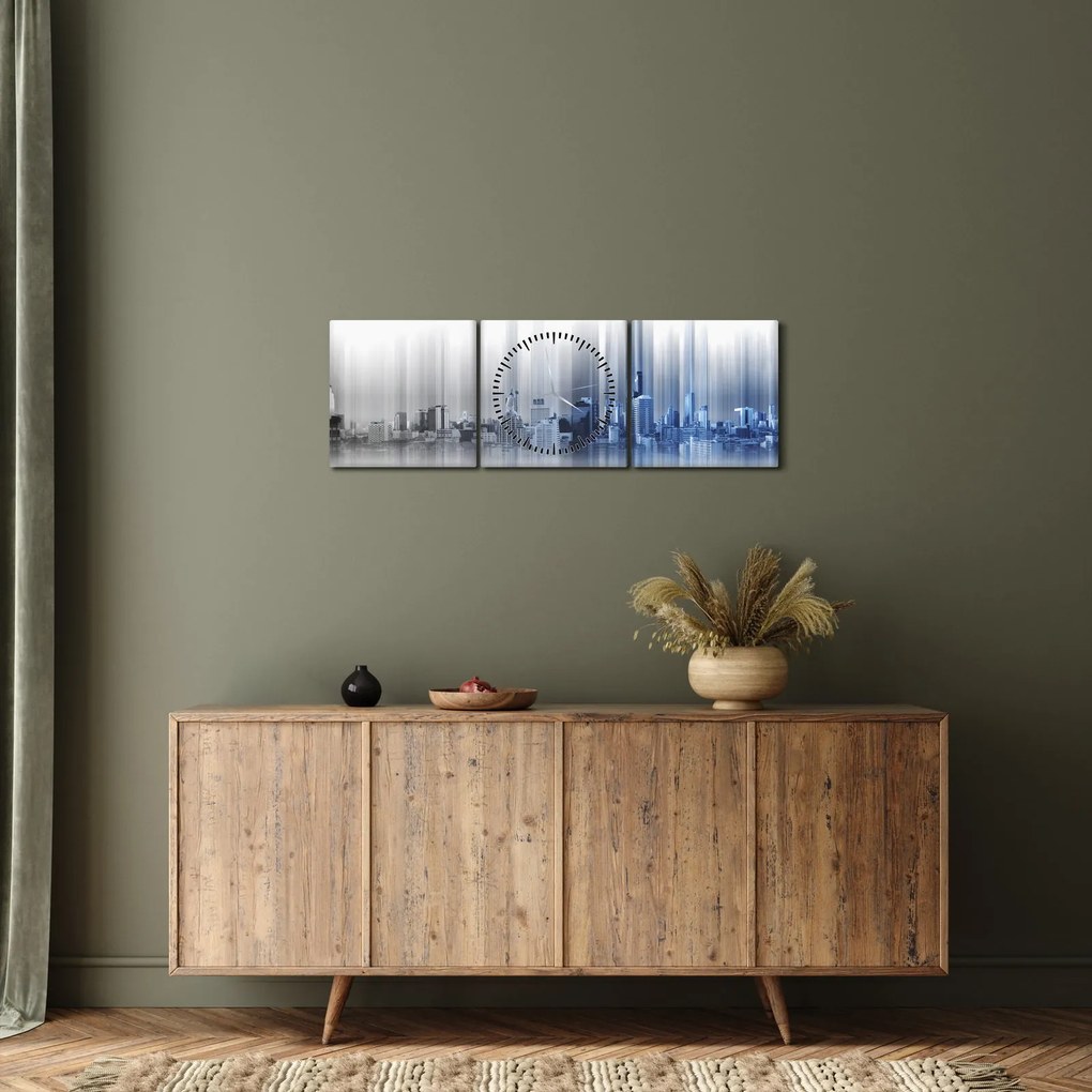 Obraz - Panorama miasta, niebiesko - szara (z zegarem) (90x30 cm)