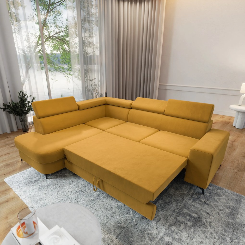 Masseno Narożnik ALVORO z funkcją spania i pojemnikiem na pościel Narozniki L, Rozkładana sofa - Żółty, MATT VELVET 48