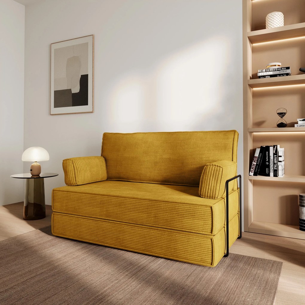 Masseno Sofa piankowa LADIA z funkcją spania, Kanapa z pianki do salonu, Bezmontażowa, Tkanina sztruksowa – Żółty POSO 01