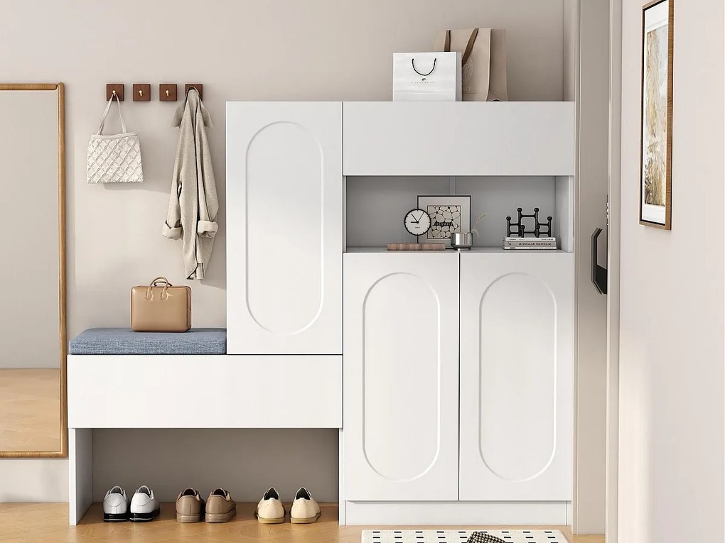 Wielofunkcyjna szafka na buty - z tapicerowanym siedziskiem - z 4 drzwiami i 1 szufladą - Biała