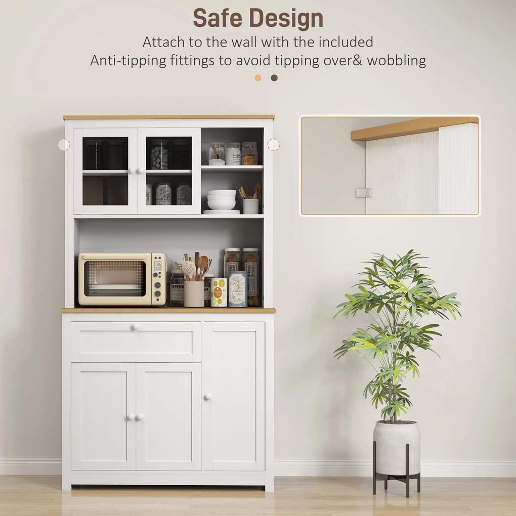 HOMCOM Szafka kuchenna w stylu wiejskim, 1 witryna, 1 otwarta półka, 1 szuflada, 2 szafki, Naturalne + Białe | Aosom PL