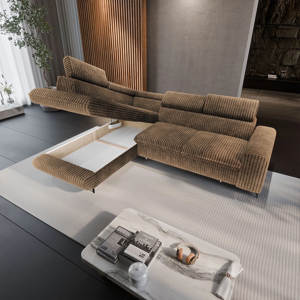 Masseno Narożnik VELISS z funkcją spania i pojemnikiem na pościel Rozkładana sofa do Salonu - Beżowy, TILIA 17
