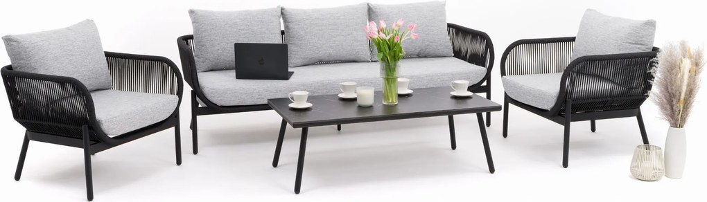 zestaw mebli ogrodowych wypoczynkowy BELIZE LUX - szary ze stołem z blatem HPL - CARRARA BLACK