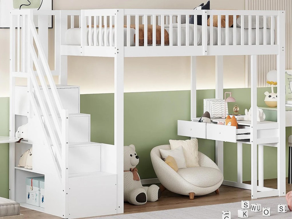 Łóżko mezzanine 90x200cm z drewna - z biurkiem i schodami do przechowywania - Białe