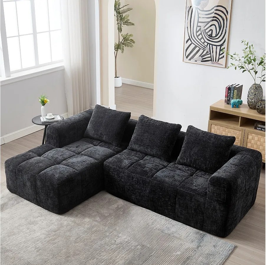 Sofa w kształcie litery L, czarna szenilowa, sofa trzyosobowa z podłokietnikami i poduszkami, odpowiednia do salonu i biura