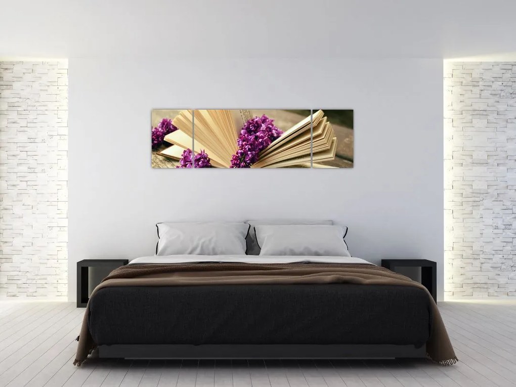 Obraz książki i fioletowych kwiatów (170x50 cm)