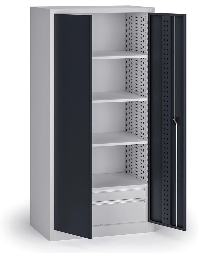 Szafa warsztatowa na narzędzia KOVOS, perforowana, 4 półki, 2 szuflady, 950 x 600 x 1950 mm, grafitowy