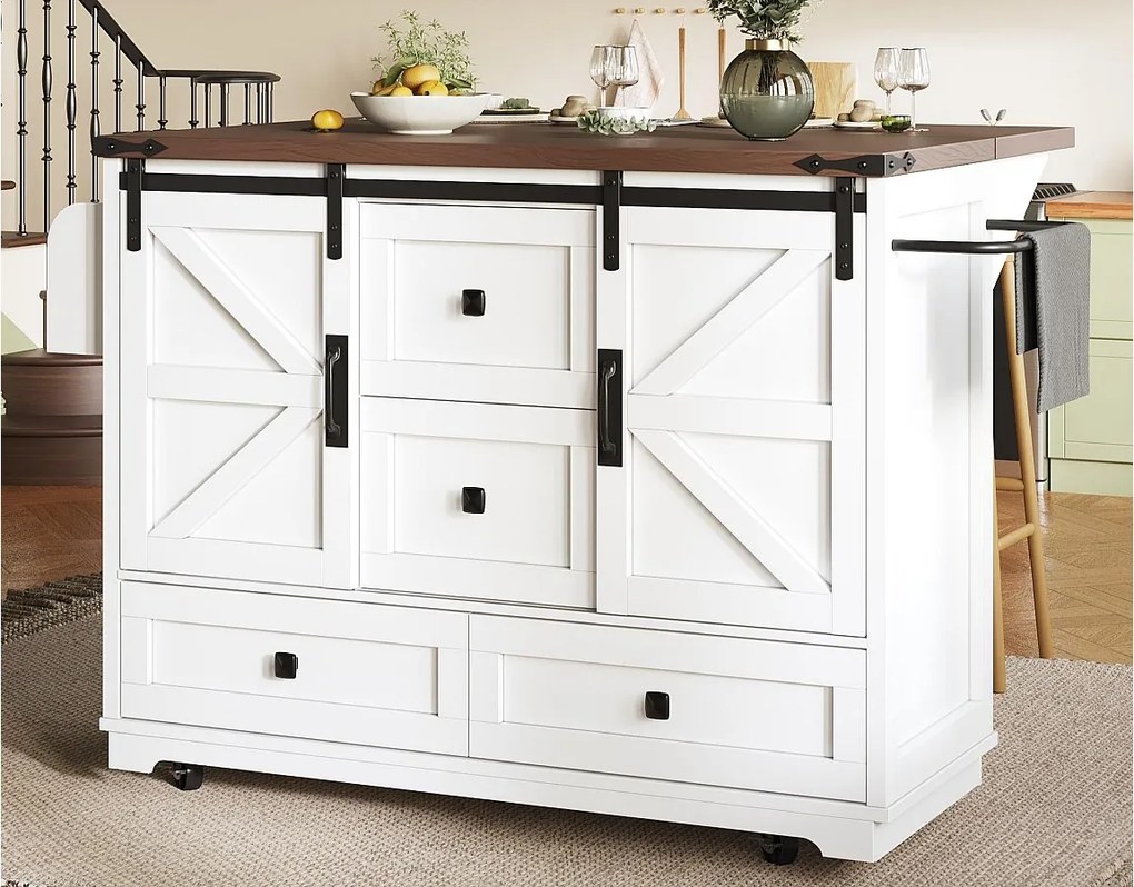 Mobilna centralna wyspa kuchenna - Blat rozsuwany - 120x73x93cm - 2 drzwi i 4 szuflady - z wieszakiem na ręczniki - styl rustykalny - Biały