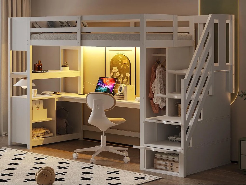 Łóżko na antresoli 90×200 cm - z szafą i biurkiem - drabina z miejscem do przechowywania - z gniazdkami i oświetleniem LED - biały