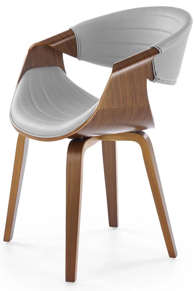 Krzesło z giętej sklejki szara tapicerka i orzechowa sklejka K544