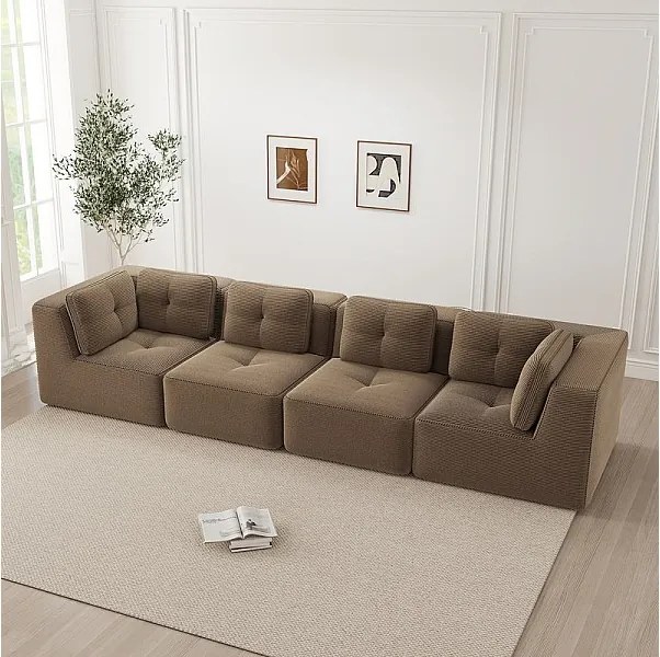 Canapé 4 places modulable, avec 6 coussins, en velours côtelé, 386x104x69cm, Marron