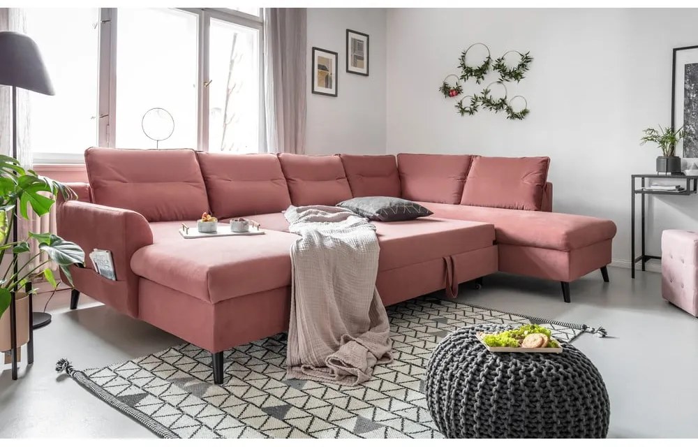 Różowa aksamitna rozkładana sofa w kształcie litery "U" Miuform Stylish Stan, prawostronna