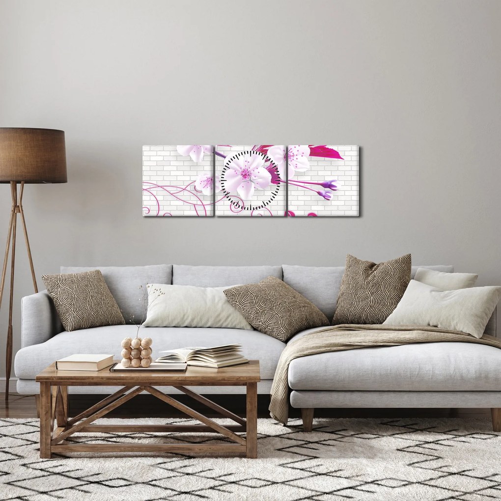 Obraz gałązki z kwiatami (z zegarem) (90x30 cm)