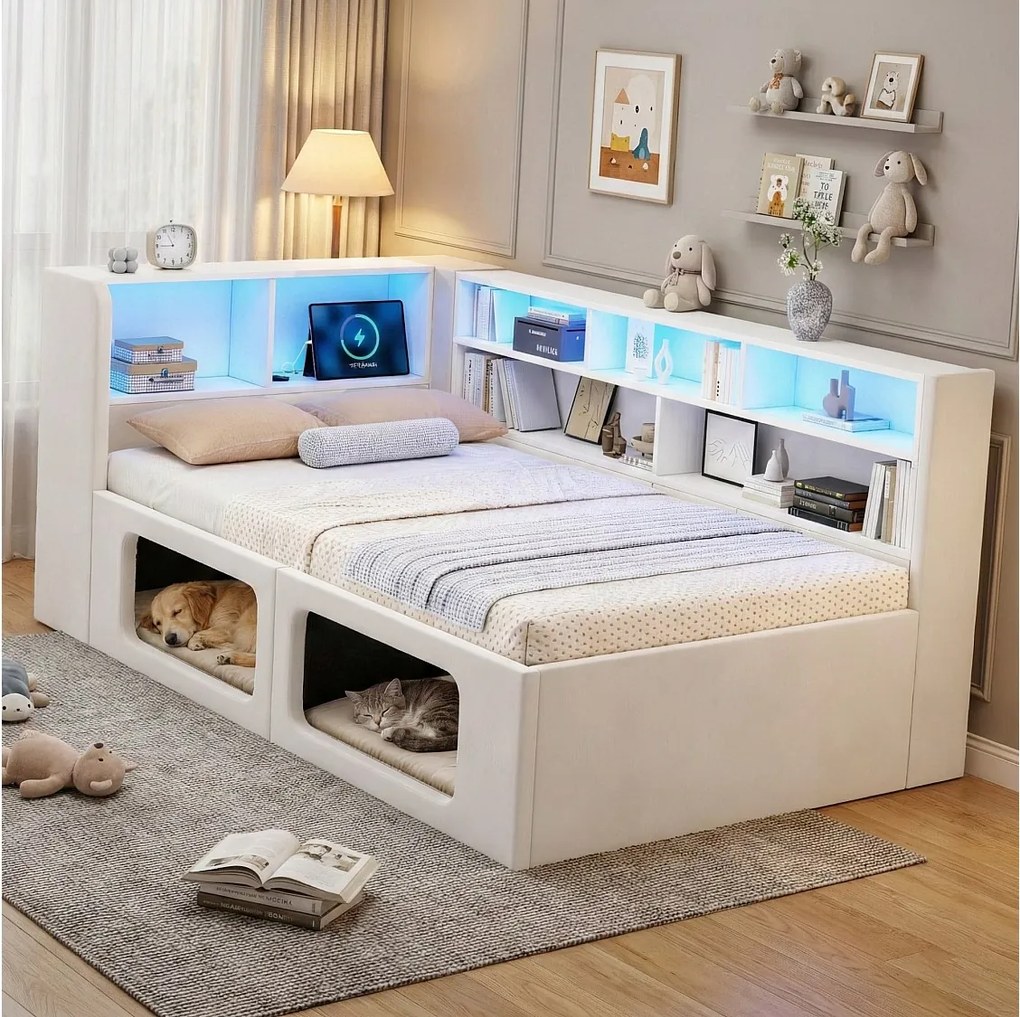 Sofa rozkładana dla zwierząt domowych - 90 x 200 cm - z diodami LED + USB + pamięcią - welurowa - beżowa