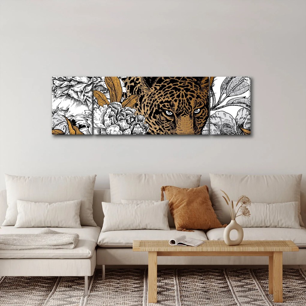 Obraz - Lampart pośród kwiatów (170x50 cm)