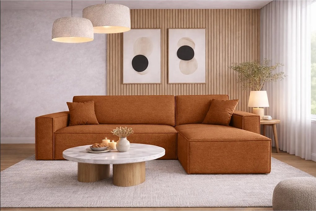 Narożnik BEST L z funkcją spania i pojemnikiem, tkanina Neve, Miedziany, Prawy