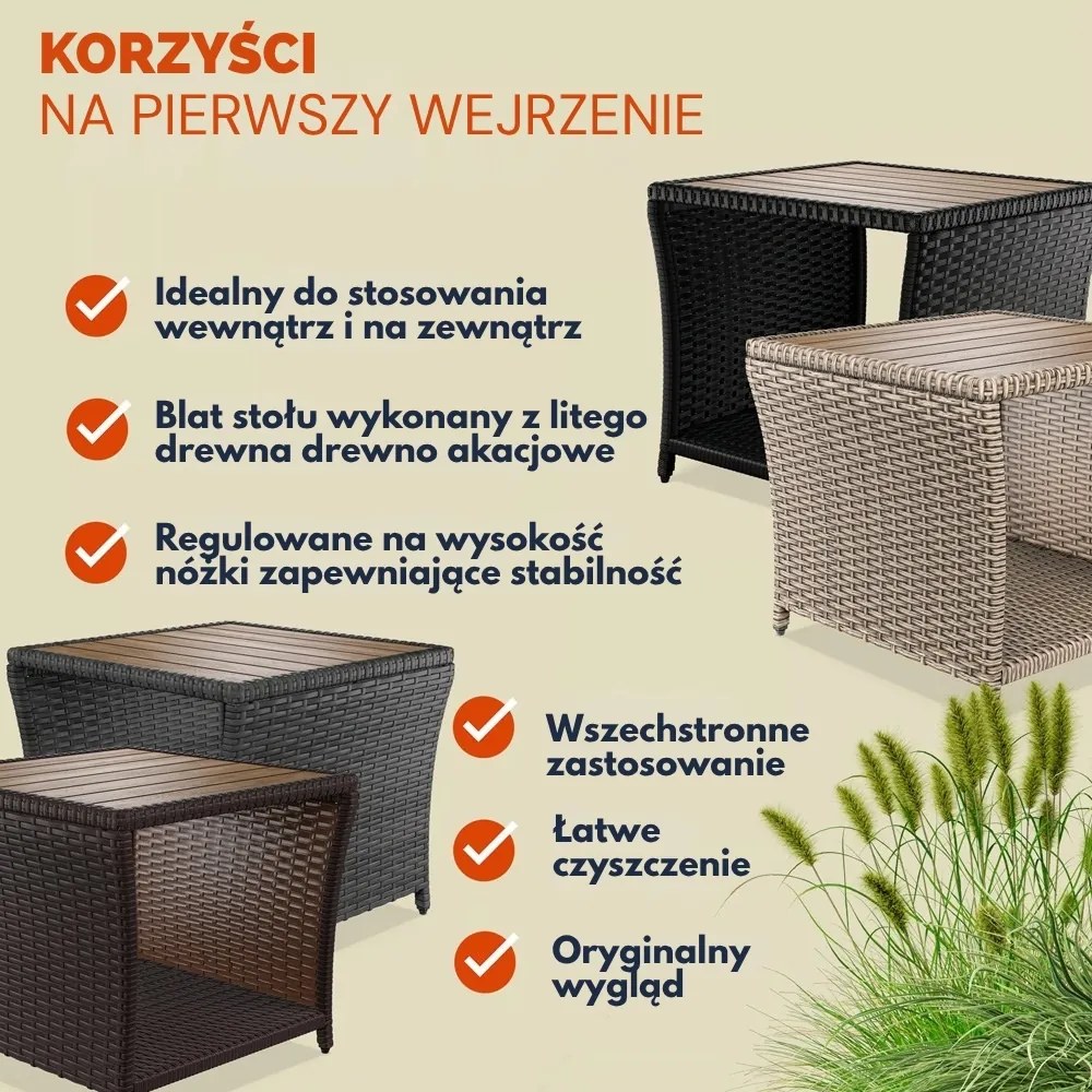 Polirattanowy stolik pomocniczy ROCCO z drewna akacjowego, 40x45x45cm, kremowy Casaria
