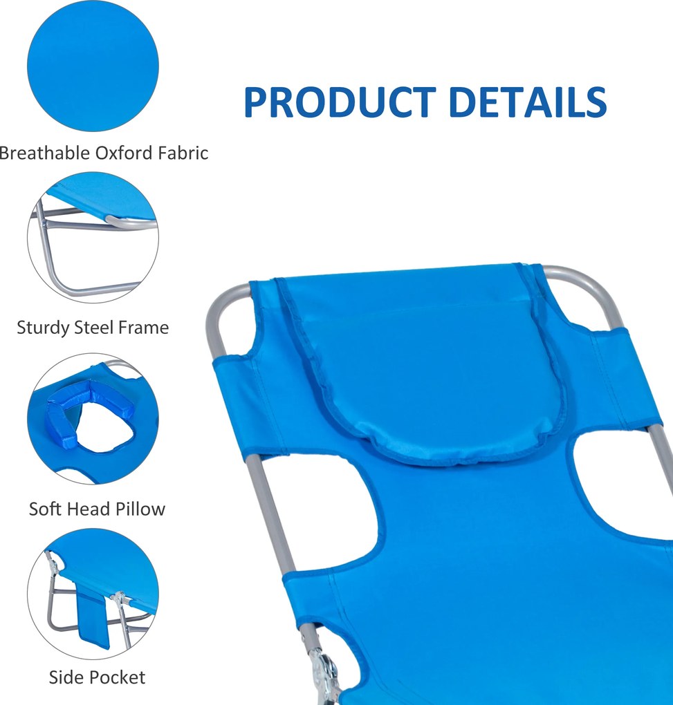 Outsunny Leżak Ogrodowy z Wyściełanym Otworem na Twarz, Leżak do Masażu na Zewnątrz z Boczną Kieszenią, Tkanina, Metal, Niebieski