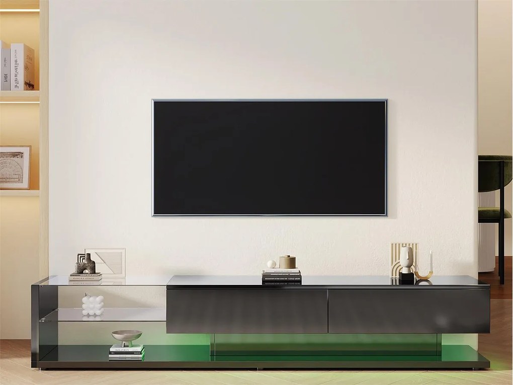 Meble TV 170 cm z LED i przeszkloną ścianką - 2 szuflady - Czarny