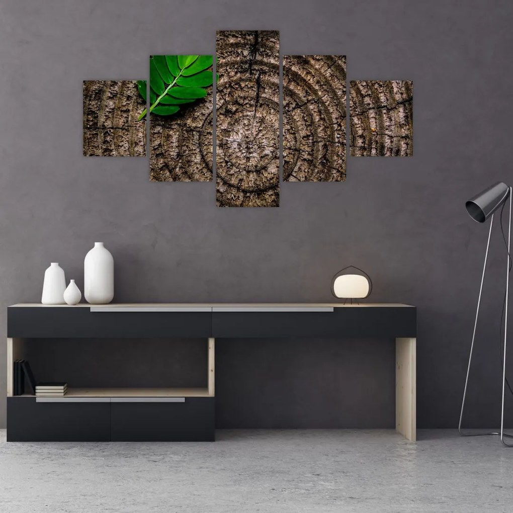 Obraz liścia na pniu drzewa (125x70 cm)