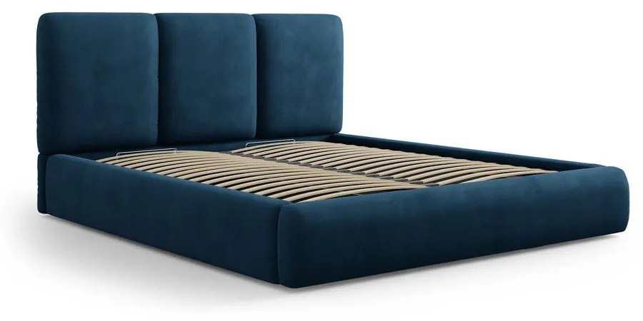 Ciemnoniebieskie tapicerowane łóżko dwuosobowe ze schowkiem i stelażem 140x200 cm Brody – Mazzini Beds