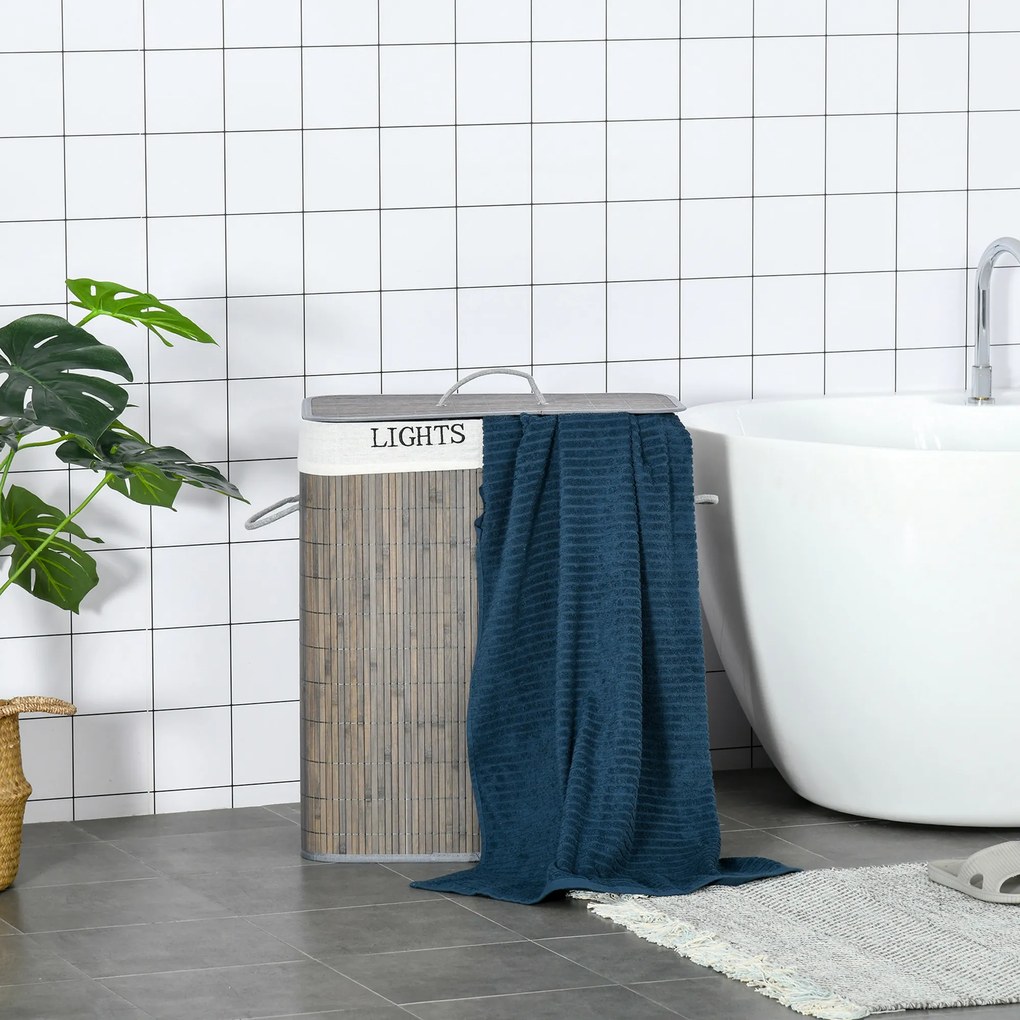 HOMCOM 100L Kosz na pranie z 3 uchwytami, z pralnym workiem na pranie, Bambus, Poliester, Bawełna, Metal, 52 x 32 x 63 cm, Szary