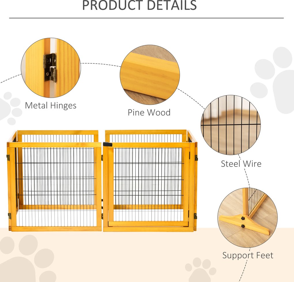 PawHut Wolnostojąca Drewniana Bramka dla Psa, Modułowa i Składana z 6 Paneli i 2 Podpor, Żółta