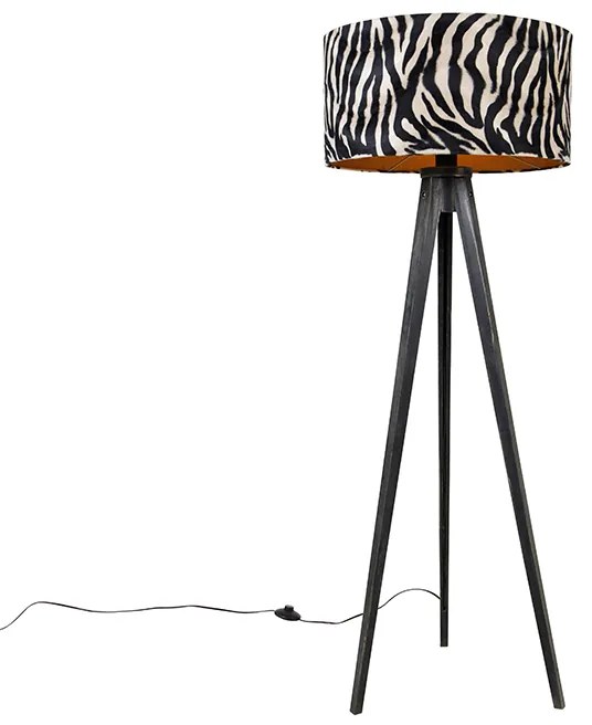 Lampa podłogowa trójnóg czarna z abażurem w pasy zebry 50 cm - Tripod Classic Nowoczesny Oswietlenie wewnetrzne