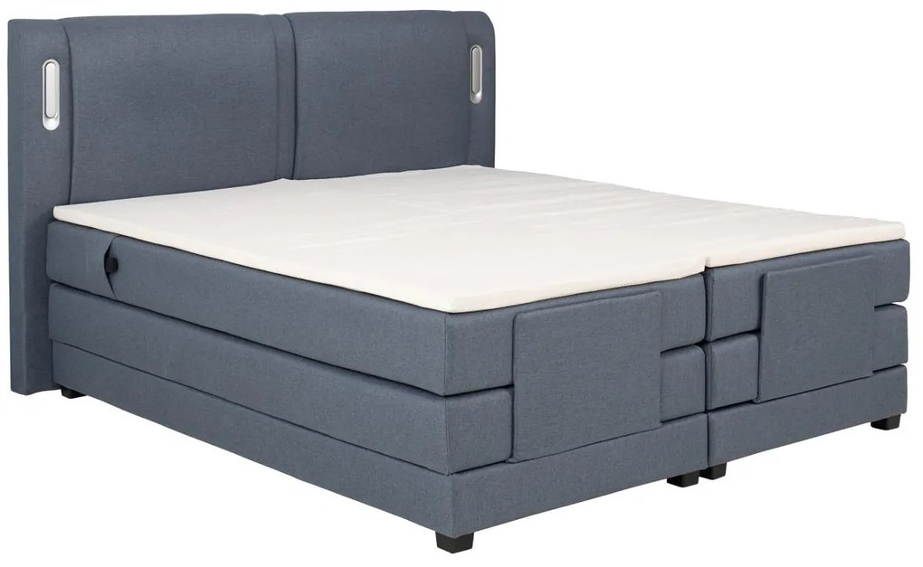 Zestaw boxspring zagłówek łóżka z diodami LED + stelaż relaksacyjny sterowany elektrycznie + materac + nakładka na materac - 2 x 80 x 200 cm - Niebieska tkanina - ASTEMI PALACIO