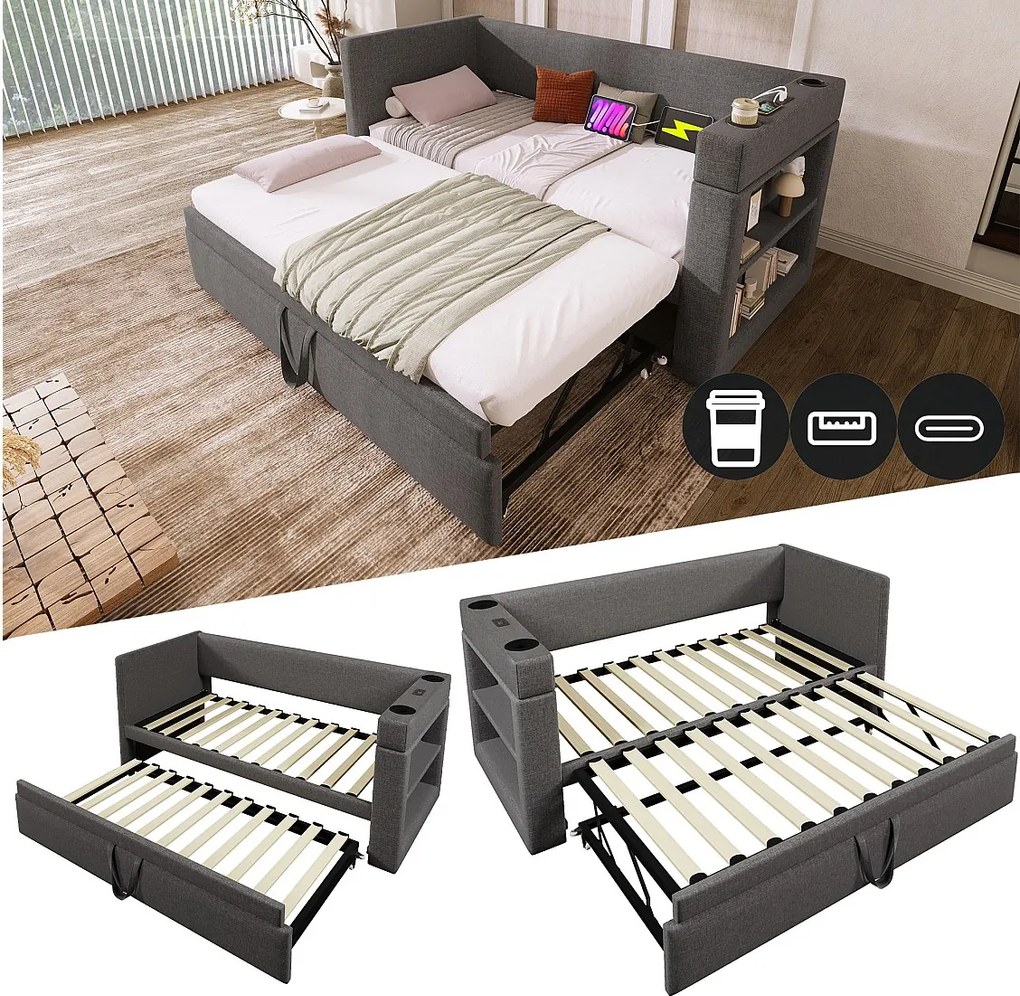 Łóżko dzienne - 2 x 90 x 190 cm - z wysuwanym łóżkiem - podłokietniki z USB typu C + schowek - drewno + bawełna + metal - szary