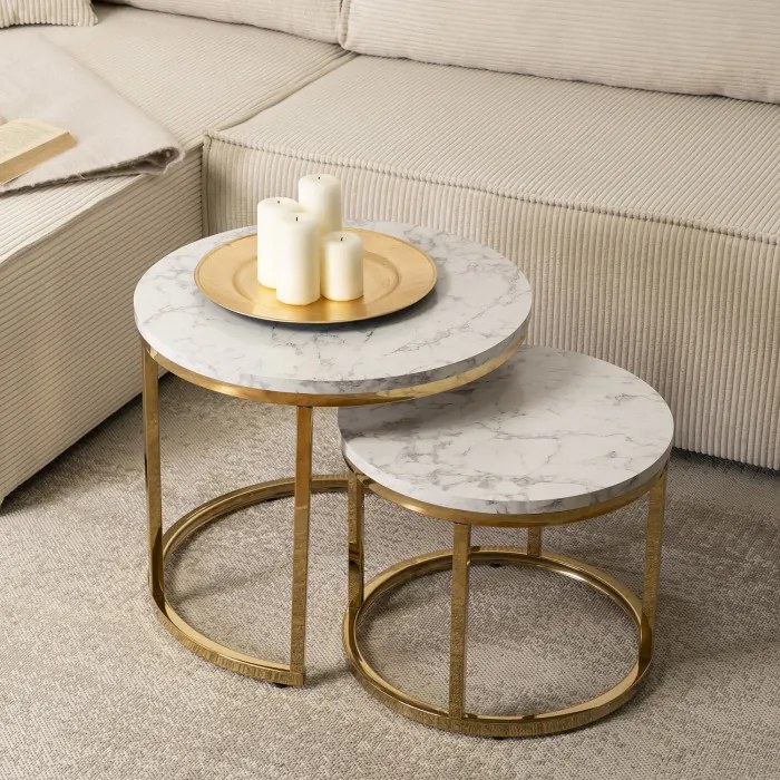 Zestaw Stolików Kawowych OLIS 43 cm/53 cm Biały Marmur Złoty do Salonu Glamour