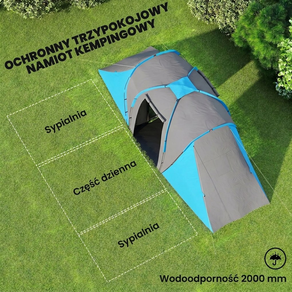 Outsunny Namiot tunelowy, wodoodporny 2000 mm, namiot kempingowy dla 4-6 osób z 2 sypialniami i torbą transportową, szaro-niebieski | Aosom PL