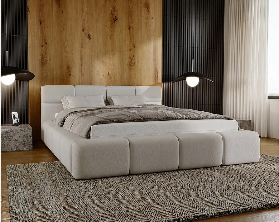 Emporius Oslo łóżko tapicerowane 140 x 200 - gruba pianka, nowoczesny styl, łóżko z pojemnikiem - łóżko tapicerowane beżowe (Solar 3)