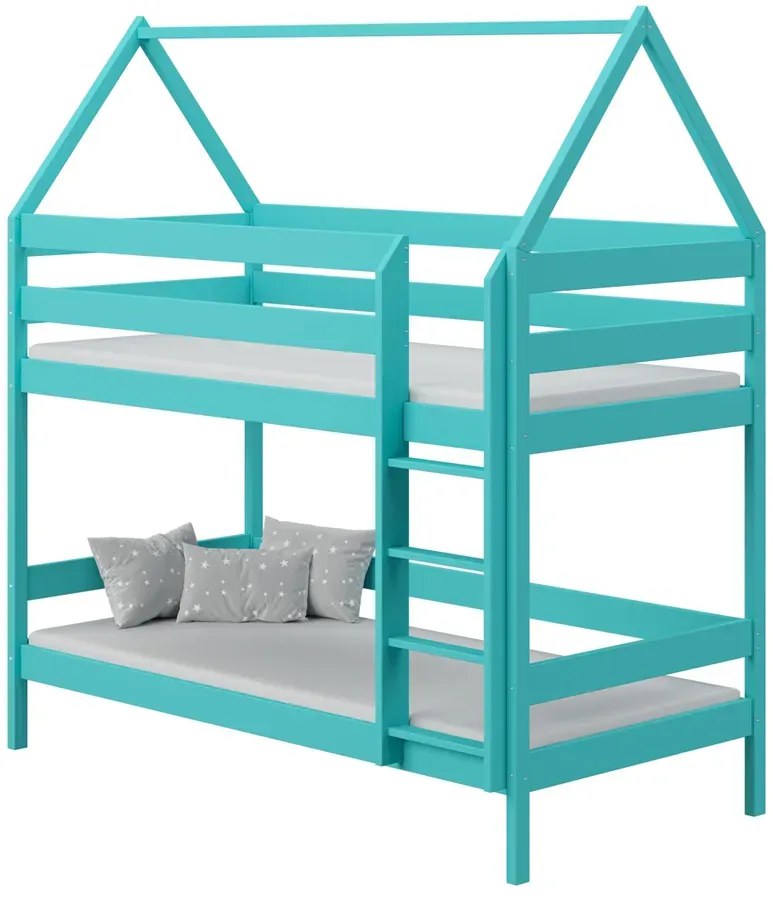 Drewniane skandynawskie piętrowe łóżko dziecięce domek, turkus B5-W29