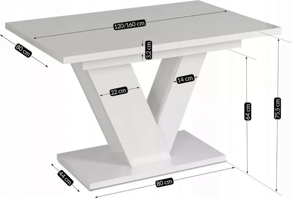 Stół Carrie rozkładany 120/160 cm do jadalni – nowoczesny stół prostokątny glamour z grubym blatem MDF i nogami w kształcie V
