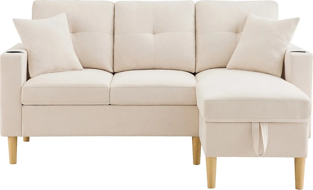 3-osobowa sofa narożna ze schowkiem, poduszkami i uchwytami na kubki – beżowa bawełna i len