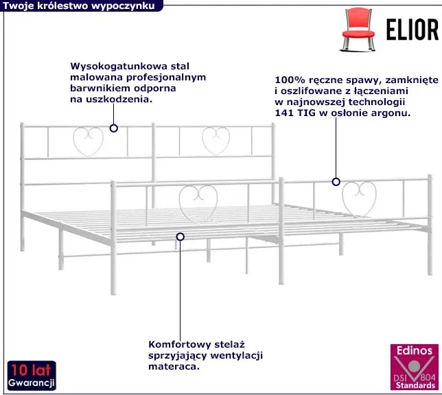Białe metalowe łóżko małżeńskie 180x200 cm N9-D66