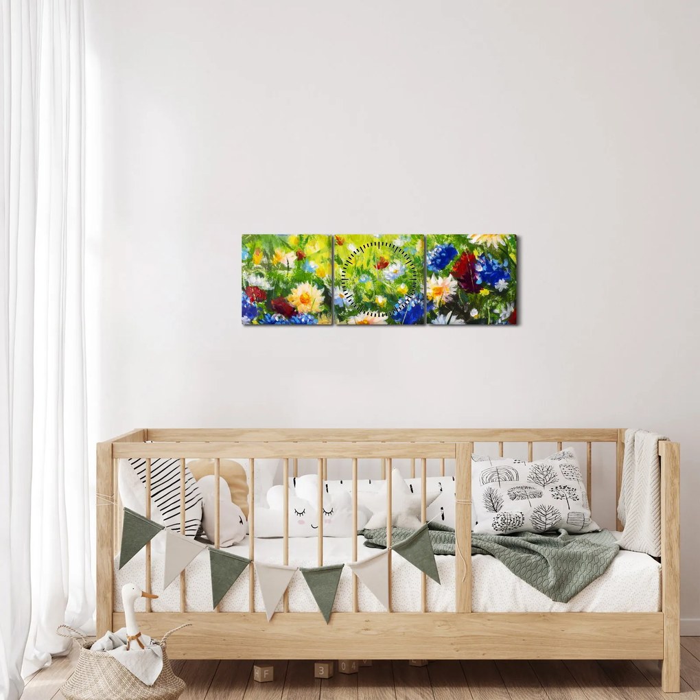 Obraz dzikich kwiatów (z zegarem) (90x30 cm)