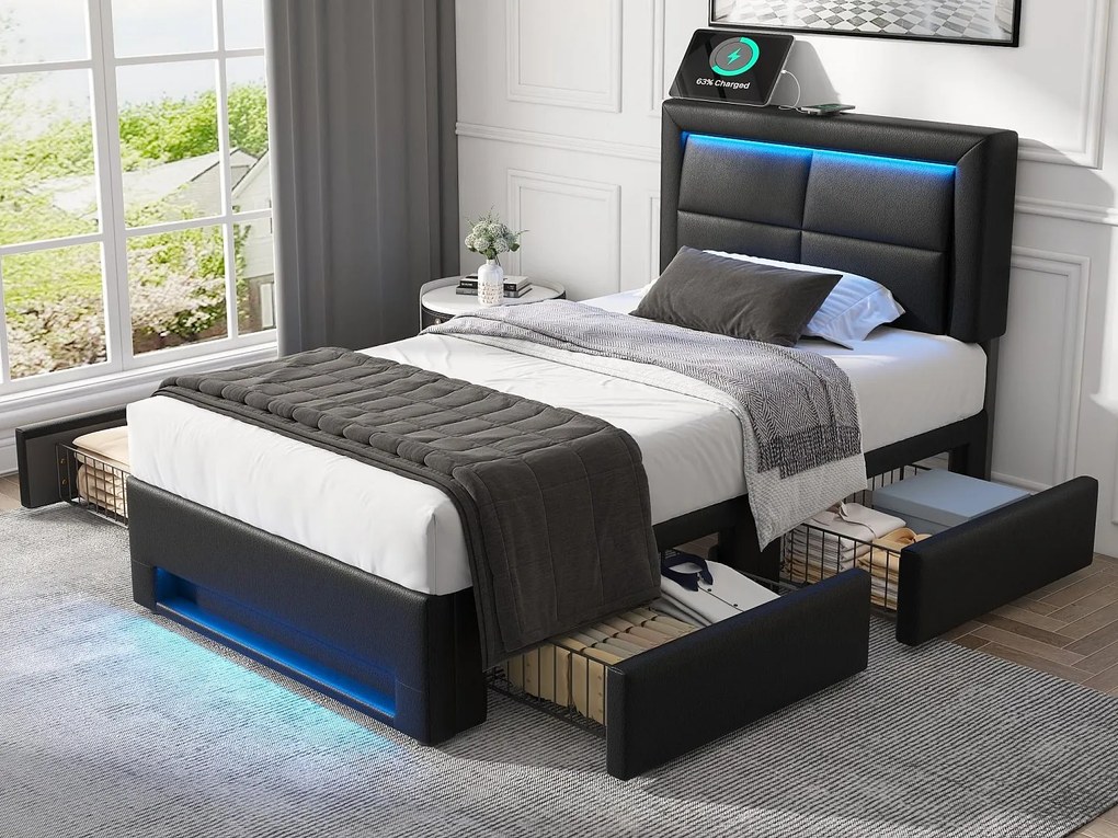 Łóżko z szufladami 90x190 cm z ekoskóry - z LED i portami do ładowania (przewodowymi i bezprzewodowymi) - Czarne